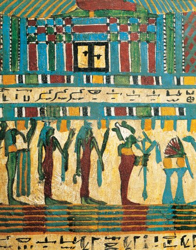 Pannello di legno intonacato e dipinto con dettaglio della camera del giudizio e dio Osiride seguito da divinità, dal sarcofago di Usai, Tebe da Egyptian 26th Dynasty