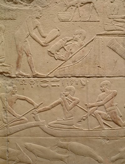 Rilievo raffigurante un uomo che si prende cura di un maialino appena nato e uomini in barche di papiro, dalla Mastaba di Kagemni, Antico Regno (calcare dipinto) da Egyptian 6th Dynasty