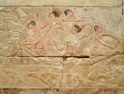 Rilievo raffigurante uomini in una barca, dalla Tomba della Principessa Idut, Antico Regno, c.2330 a.C. (calcare dipinto) da Egyptian 6th Dynasty