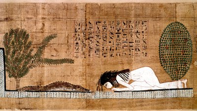 Antichità egiziana: un defunto che adora il coccodrillo, simbolo di fertilità. Papiro del Libro dei Morti. Cairo, Museo Egizio da Egyptian Egyptian