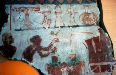 Frammento di un affresco originariamente da Tebe, raffigurante due figure maschili nell