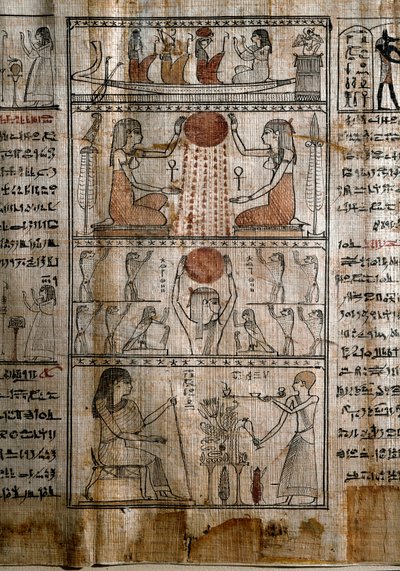 Antichità egizia: simbologia solare. Papiro di un Libro dei Morti. Periodo tolemaico. Torino, Museo Egizio da Egyptian Ptolemaic Period