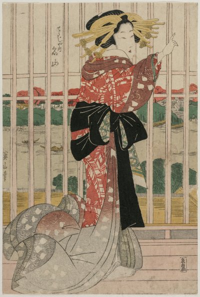La cortigiana Meizan del Chojiya su un balcone che si affaccia sul fiume Sumida, c. primi o metà 1820s da Kikugawa Eizan