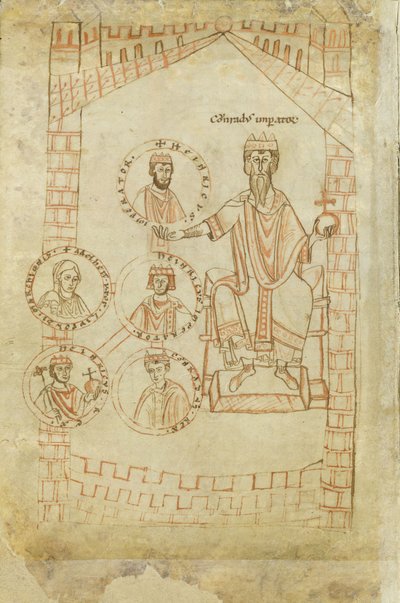 Albero genealogico della dinastia salica: Corrado II, Enrico III, Enrico IV, sua moglie Eufrasia di Kiev, Enrico V, XII secolo da Ekkehard of Aura