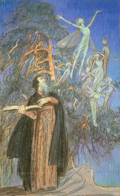 Prospero e Ariel, uno studio per un quadro perduto commissionato per Broadcasting House, Londra, c.1931 da Eleanor Fortescue Brickdale