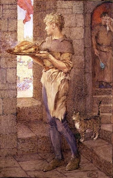"Così Gareth per la gloria subì il giogo fuligginoso della servitù in cucina" da Eleanor Fortescue Brickdale