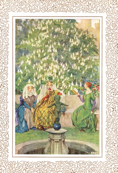 La regina che sedeva tra la sua migliore Enid e la snella Vivien..., illustrazione da 