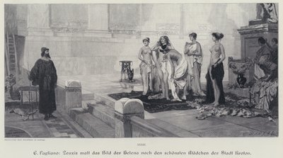Artista greco antico Zeusi che sceglie tra le donne più belle della città di Crotone il modello per il suo dipinto di Elena di Troia (incisione) da Eleuterio Pagliano