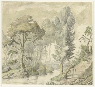 Paesaggio boscoso con collina a destra e acqua al centro da Elias van Nijmegen