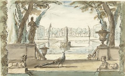 Vista di un giardino con uno stagno, una fontana e un pavone da Elias van Nijmegen