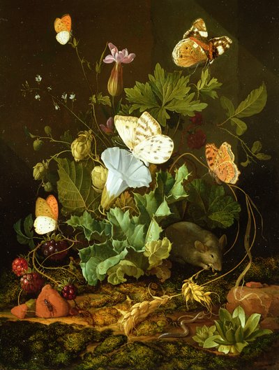 Natura morta di un pavimento forestale con fiori, un topo e farfalle da Elias van den Broeck