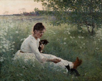 Ragazza con gatti in un paesaggio estivo da Elin Danielson Gambogi
