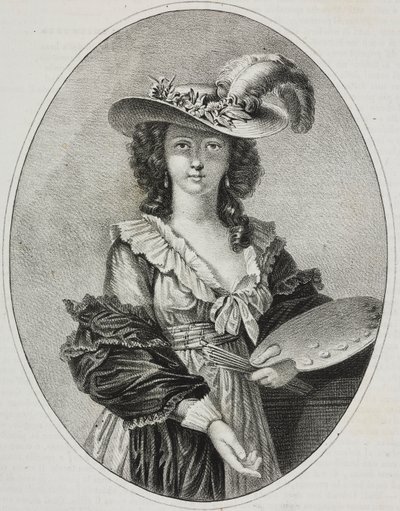 Autoritratto con tavolozza, della pittrice francese Elisabeth Vigee Le Brun, litografia di Giovanni Mariani da Poliorama Pittoresco, n. 42, 28 maggio da Elisabeth Louise (after) Vigee Lebrun