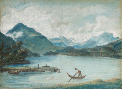 Vista del Lago di Ginevra con un uomo che rema una piccola barca e due cigni da Elisabeth Louise Vigee Lebrun