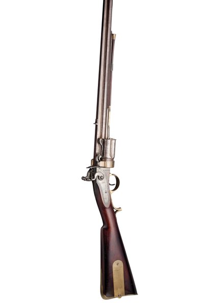 Fucile a pietra focaia a cinque colpi con rotazione manuale brevettato da Collier, calibro 28, tipo militare, c.1819-20 da Elisha Haydon Collier