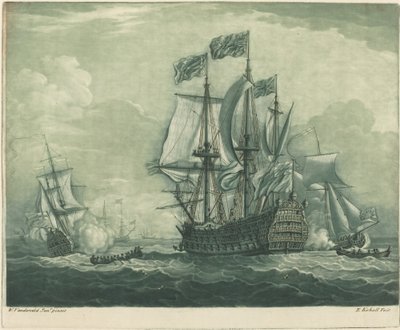 Scena di navigazione con nave da guerra da Elisha Kirkall after Willem van de Velde the Younger