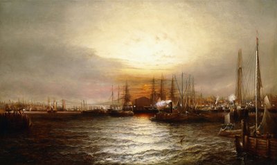 Alba dal Molo Chapman e dal Vecchio Cantiere Navale di Brooklyn, East River, New York da Elisha Taylor Baker