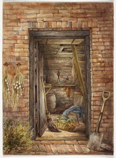 Muro di mattoni con porta aperta e pala da Elizabeth Murray