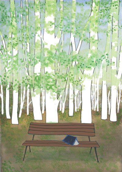 Panchina nella foresta, 2017 (acquerello e collage) da Elizabeth Rider