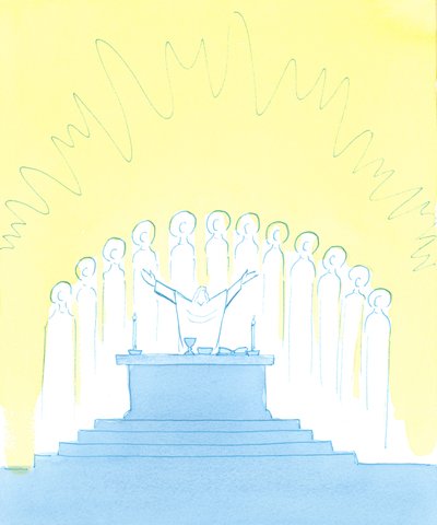 Mentre lodiamo Dio alla Messa, con e attraverso Cristo, Lo lodiamo con tutta la Chiesa, che include i Santi del Cielo - qui intorno all