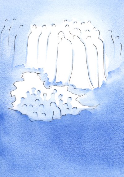 Cristo e i suoi santi in cielo guardano con grande tenerezza i suoi amici sulla terra che meditano sulla sua Passione da Elizabeth Wang