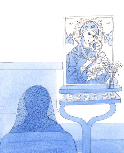 Cristo ci invita a confidare nella sua santa Madre Maria e a chiedere le sue preghiere, in particolare sotto il titolo "Madre del Perpetuo Soccorso", 2005 (acquerello su carta) da Elizabeth Wang