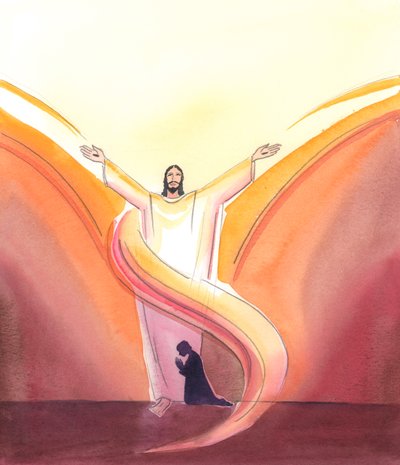 Cristo è realmente presente nel tabernacolo, pregando costantemente per noi, con le braccia tese in preghiera verso il Padre sopra, che Cristo vede dimorare nella gloria che noi non possiamo ancora vedere da Elizabeth Wang