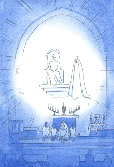 Cristo è intronizzato sopra di noi, nella gloria, alla nostra Novena e Benedizione, che è come una festa celeste. La nostra madre Maria è gioiosamente vicina, 2002 da Elizabeth Wang
