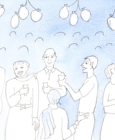 Cristo guarda con gioia quando celebriamo la vita o una buona notizia condividendo cibo e bevande con amici, a una festa, in autentico reciproco piacere, con il desiderio di dare gioia e confortare i cuori stanchi. Il Cielo da Elizabeth Wang