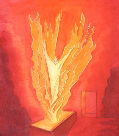 Cristo risorse dalla tomba in gloria a Pasqua, trasformato, come in un fuoco ardente di carità, mentre lo Spirito Santo lo liberava dalla schiavitù della morte, 2003 da Elizabeth Wang