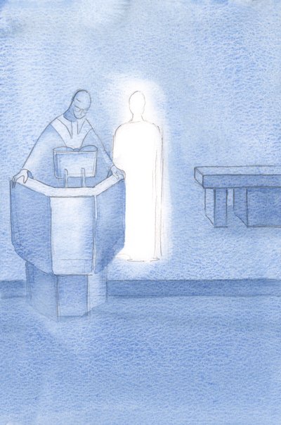 Cristo stava accanto al sacerdote che leggeva il Santo Vangelo a tutti noi, che era la parola di Cristo. da Elizabeth Wang