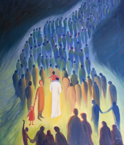 Cristo cammina tra il suo popolo, con i pellegrini e i malati, un bambino sulle spalle da Elizabeth Wang