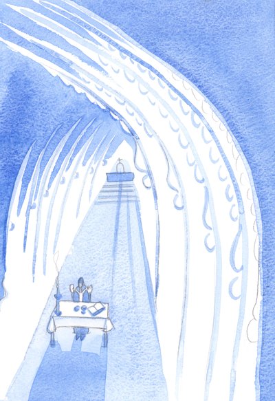 Santi Angeli, in alto, circondano il nostro altare, guardando verso di esso, pronti ad adorare il Nostro Signore quando è reso presente davanti a noi, 2001 da Elizabeth Wang