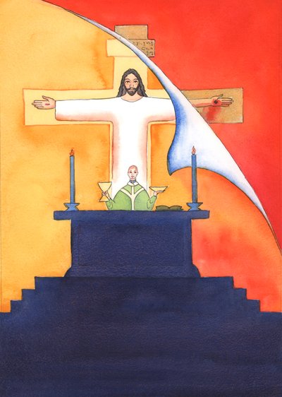 Gesù è presente con noi alla Messa, pregando il Padre per nostro conto, per aiuto nelle nostre necessità e per la salvezza eterna. Possiamo unire tutte le nostre preghiere alla sua grande preghiera sacrificale. da Elizabeth Wang