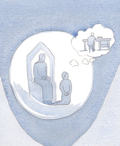 Gesù aspetta con infinita pazienza e gentilezza, quando ho deciso di pregare, ma mi trovo distratto dai pensieri del lavoro che stavo facendo da Elizabeth Wang