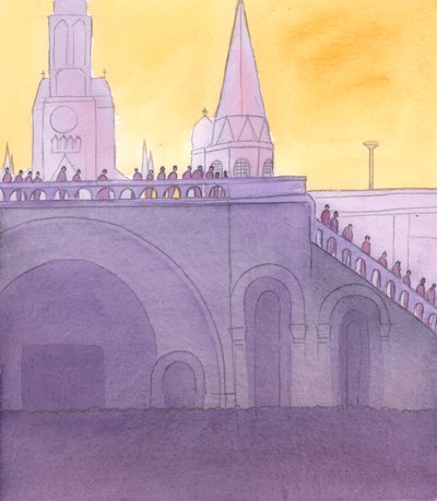 Il Signore mi ha chiesto di guardare tutte le persone che stavano in piedi accanto alla balaustra a Lourdes, guardando la processione del Rosario, 2005 (acquerello su carta) da Elizabeth Wang
