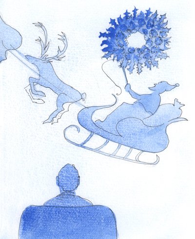 Il significato del Natale: Il Signore ha raffigurato davanti a me una gigantesca ghirlanda di fogliame e poi una sagoma di Babbo Natale su una slitta, che guida le sue renne, 2005 (acquerello su carta) da Elizabeth Wang