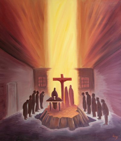 Attraverso la Messa siamo uniti con tutta la Chiesa intorno alla Croce del Calvario. da Elizabeth Wang