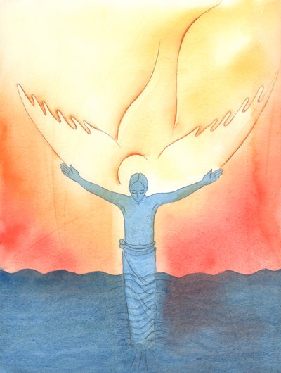 Quando Cristo fu battezzato nel fiume Giordano, lo Spirito Santo apparve come una colomba, mentre il Padre parlava amorevolmente dal Cielo da Elizabeth Wang