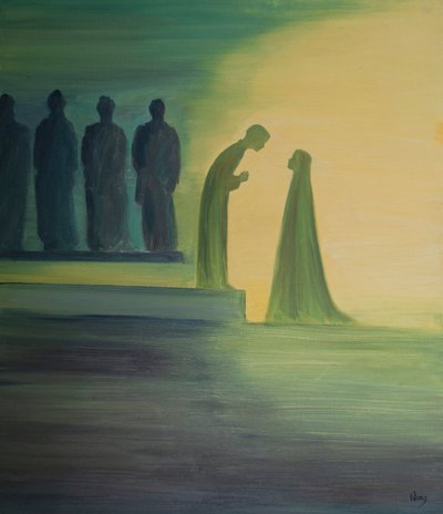 Quando il bambino Gesù fu trovato nel Tempio, spiegò tranquillamente a Sua Santa Madre (con infinita gentilezza) che il Suo lavoro era già iniziato. da Elizabeth Wang
