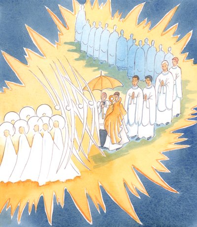 Ogni volta che onoriamo la Presenza di Gesù nel Santissimo Sacramento, gli angeli e i santi si uniscono a noi nel nostro culto da Elizabeth Wang