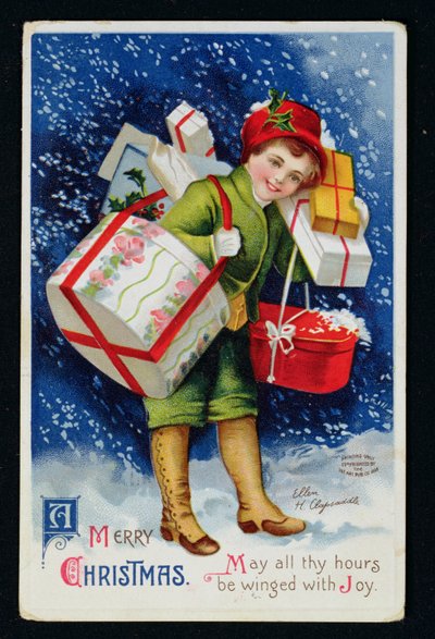 Ragazzo con regali, cartolina di Natale dei primi del XX secolo (incisione a colori) da Ellen Hattie Clapsaddle