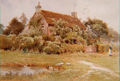 Una donna e anatre vicino a un cottage in estate da Elliot Henry Marten