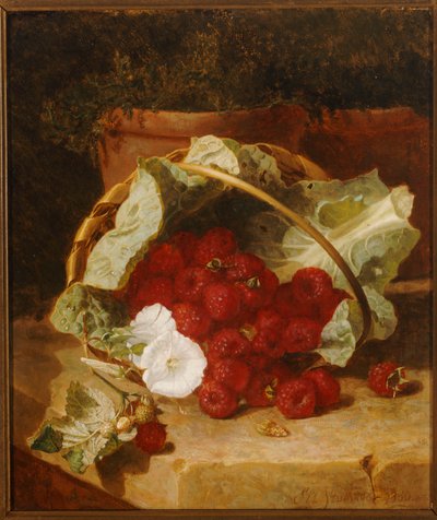 Lamponi in un Cestino Foderato di Foglie di Cavolo con Convolvolo Bianco su una Mensola di Pietra, 1880 da Eloise Harriet Stannard
