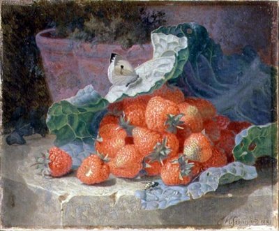 Fragole in una foglia di cavolo con un vaso di fiori dietro da Eloise Harriet Stannard