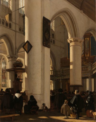 Interno di una chiesa protestante gotica durante un servizio da Emanuel de Witte