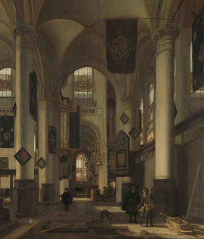 Interno di una chiesa gotica protestante con motivi dalla Oude e Nieuwe Kerk di Amsterdam da Emanuel de Witte