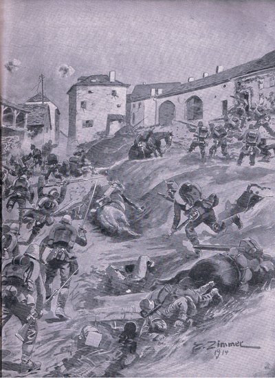 Il 2° Battaglione Cacciatori Bavaresi di Aschaffenberg a Lagarde agosto 1914, da La storia illustrata della guerra mondiale 1914-1915 pub. da Union Berlagsefellfchaft da Emil (after) Limmer