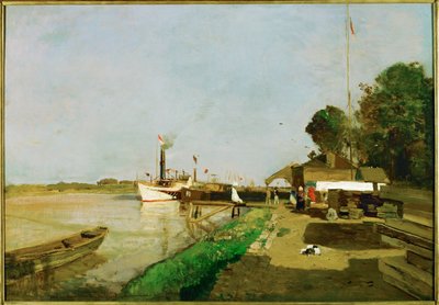 Dampfschiffstation an der Donau bei Kaisermuehlen - Stazione dei battelli a vapore sul Danubio presso Kaisermuehlen ... (dipinto su tela) da Emil Jakob Schindler