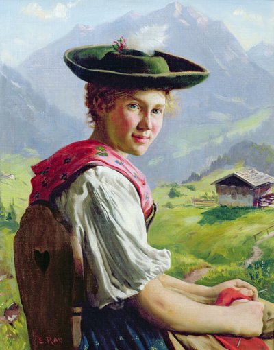 Ragazza con cappello in paesaggio montano da Emil Karl Rau